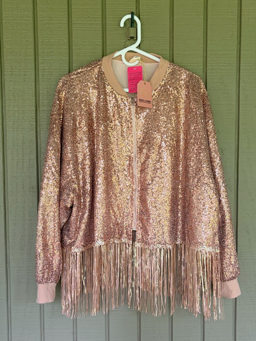 NWT Grace & Emma Rose Gold Sequin Fringe Bomber Jacket Plus Size 3XL Festival